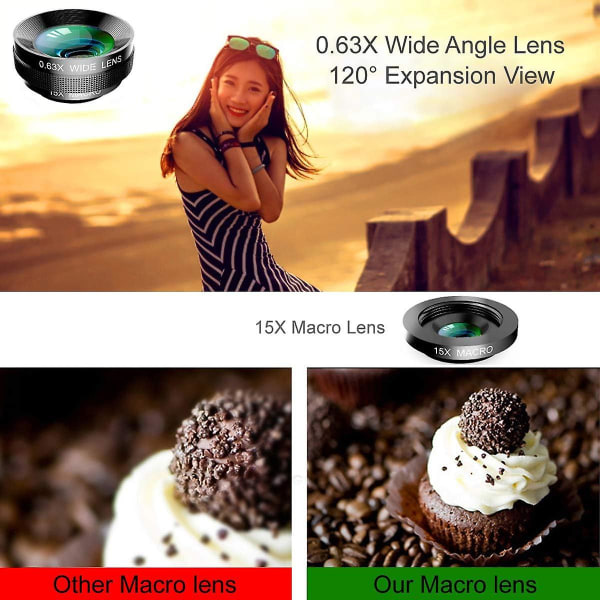 3 i 1 Universal 198 Fish Eye-objektiv + 0,63x vidvinkelobjektiv + 15x Macro Clip Camera Lens Kit för Ipad Iphone Samsung Android och de flesta smartphones (bla