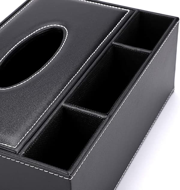 Rektangulær PU Læder Tissue Box Dispenser Med 3 Rum Skrivebordsorganisator Til Fjernbetjening Sort