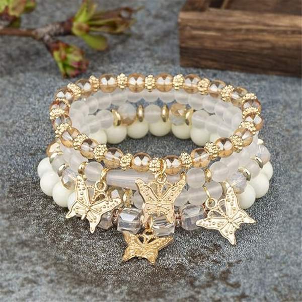 4 stk. Bohemian Butterfly Krystal Steng Armbånd til Kvinder Guld Perle Stabelbar Stræk Armbånd Farverig Charm