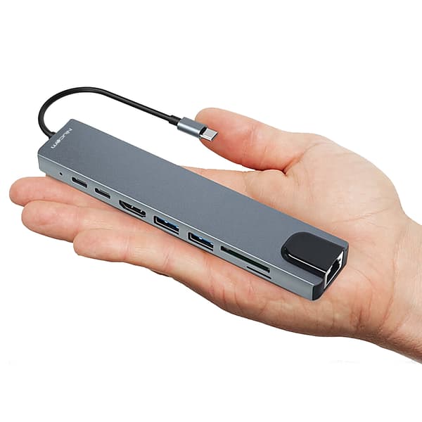 Multifunksjonell USB-C-hub med HDMI 4K, USB 3.0 OTG, RJ45 Ethernet, SD-kortleser, hurtiglading og dataoverføring