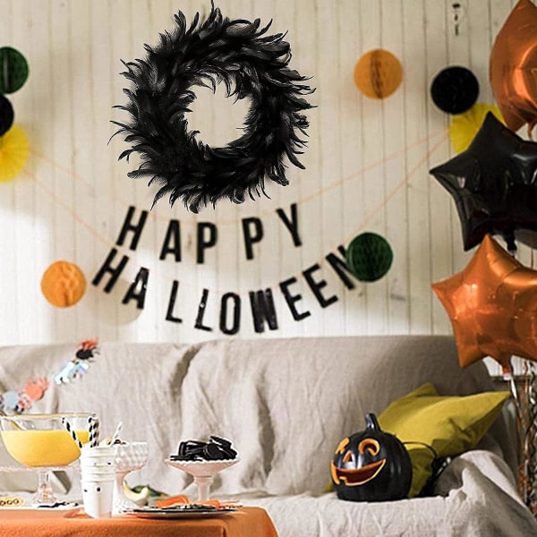 16" naturlig svart fjäderdräktkrans, halloween ytterdörr dekoration Trick of Treat Spooky Scen Party Favors Unik