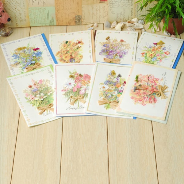 Shifeng stereodekal Chic velsignelseskort med tørkede blomster Universalkort Bursdagskort - Dagskort med tørkede blomster (pakke med 8)