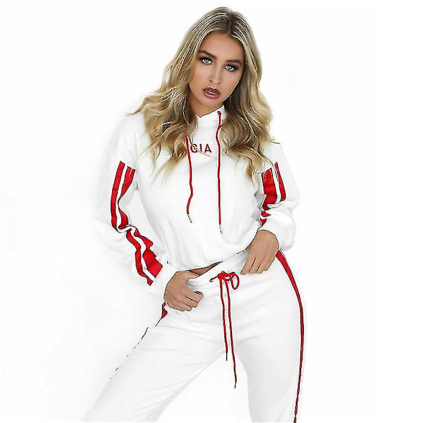 Dame Colorblock Tracksuit Sæt med Hættetrøje Joggingbukser Sportsdragt White L