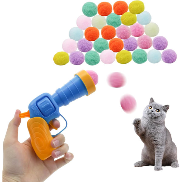 Kattbollset, 30 Plysch Katt Pom Poms och Plastkastare Set för Katter att Klia Interaktiva Katt Leksaker med Färgglada Mjuka Kattbollar för Innekatter 1