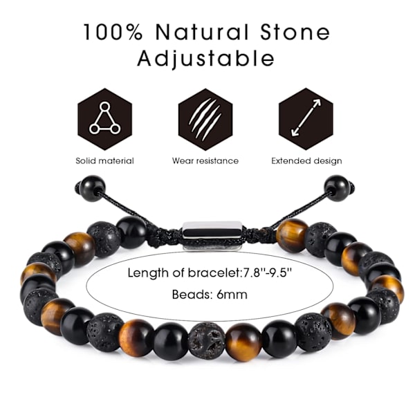 Naturliga Pärl Armband för Män Pojkar - 6mm Tigeröga Obsidian Lava Pärlor Herrar Armband Set för Par - Julgåvor Födelsedagspresenter