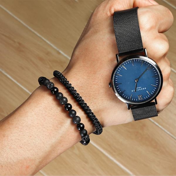 Svarta Pärl armband för Män Pojkar - 6mm Obsidian Onyx Lava Pärlor Armband Set för Par - Julgåvor Födelsedagspresenter