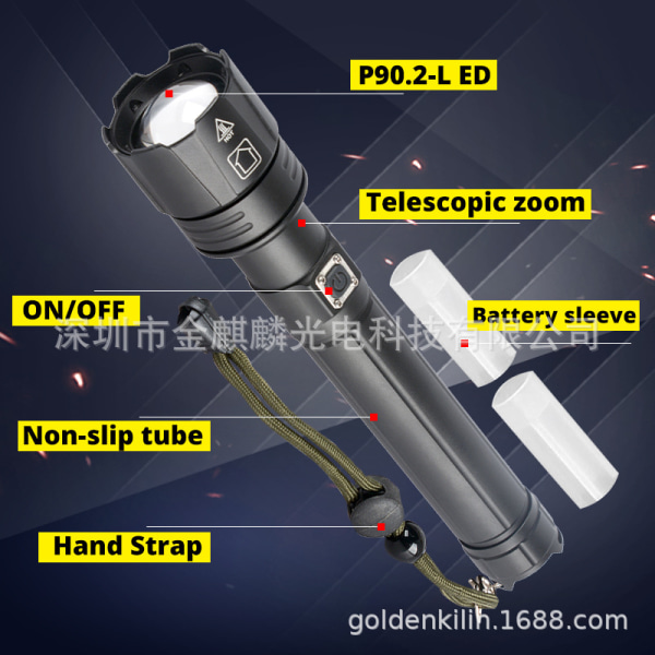 Ny p90 stark lightlight utomhus USB uppladdningsbar ficklampa