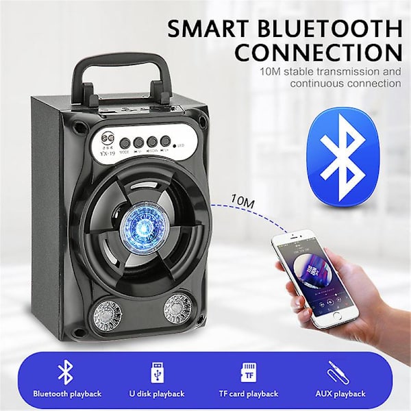 Bluetooth-högtalare Subwoofer Hifi med Mikrofon LED-ljus Stöd för TF-kort FM-radio USB-minne Hemmabiosystem black