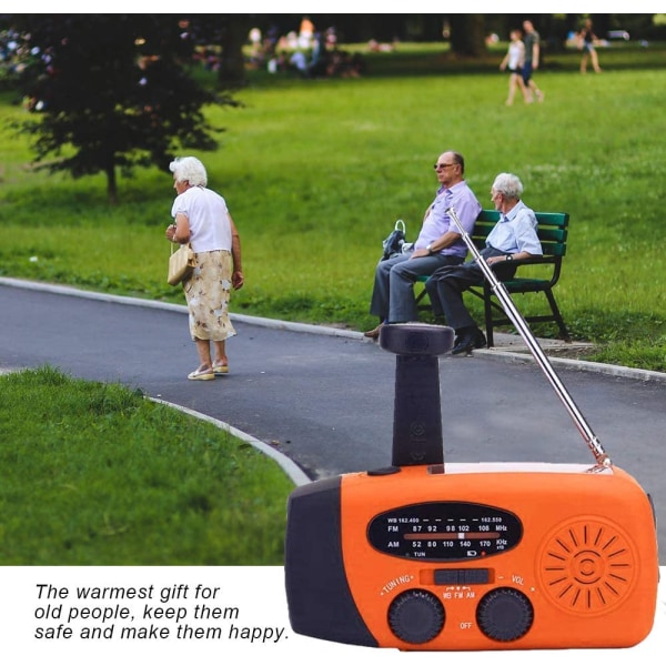 Nödradio för solenergi, självdriven vevradio med LED-ficklampa, AM/FM/WB väderradio med 2000mAh uppladdningsbart batteri, orange