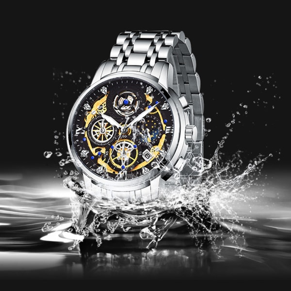 Watch vattentät lysande multifunktionell kronografrem i rostfritt stål watch män