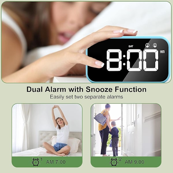 LED Digital Väckarklocka med Snooze-funktion, 2 Alarm, 12/24H USB Laddningsbar Spegel Yta för Sovrum Kontor