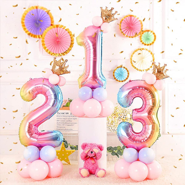 Helium folie nummer ballon, 32 tommer regnbue gradient nummer balloner med krone til fødselsdag, fødselsdagsfest dekorationer (#1)