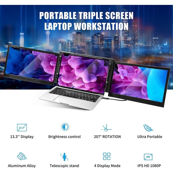 Triple Screen bærbar skærm, 13,3 tommer bærbar bærbar skærm Plug and Play bærbar skærmforlænger