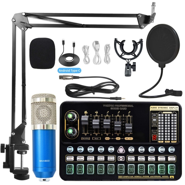 Professionell inspelningsstudio set av externt live karaoke mikrofon ljudkort, (Blue-Silve)