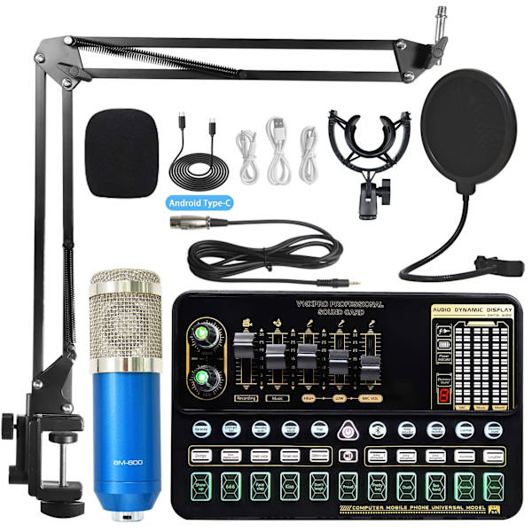Professionelt optagestudie lydsæt med eksternt live karaoke mikrofon lydkort, (Blue-Silve)