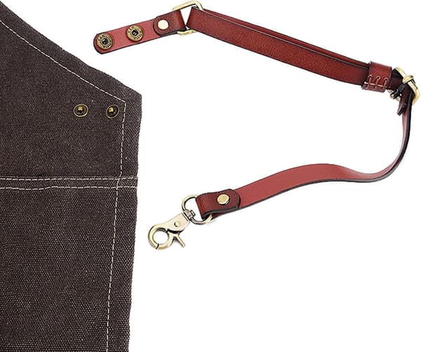 Neutral grått denimförkläde med läderrem, matlagningsgrillkock, med fickor, storlek L