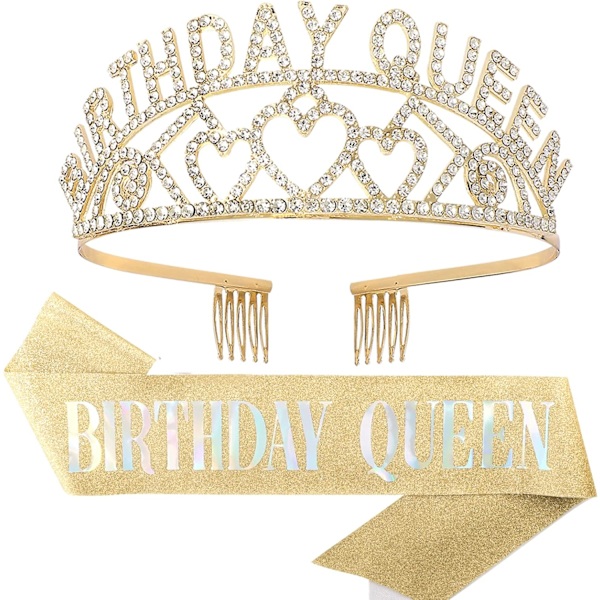 Guld Fødselsdagsdronning Rhinestone Tiara og Sash - Fødselsdagstiara og Sash Fødselsdagsfest Favoritter Glitter Fødselsdag Dekorationer (Multifarvet Bogstaver)