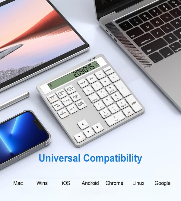 2-i-1 Bluetooth Trådløst Numerisk Tastatur Sort med Display, Kompatibel med Windows Mac, til PC Bærbar Tablet black