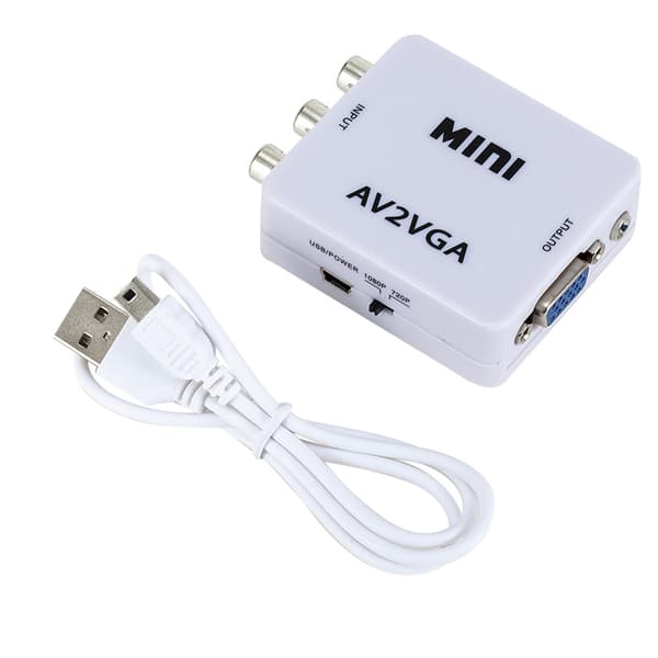 AV til VGA-adapter med 3,5 mm lydstik og USB-kabel, Mini RCA til VGA-konverter til projektor PC TV DVD