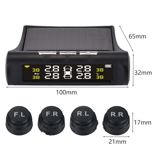 1 Sæt Smart TPMS med 4 Eksterne Sensorer Trådløs Solenergi USB Opladning Temperatur Advarsel LED Display Bil Dæktryk Alarm Overvågningssystem Køretøj Black