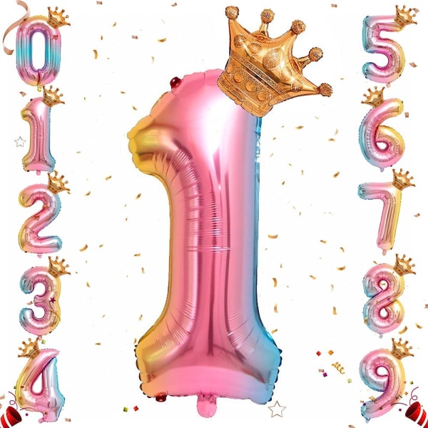Heliumfolionumeroilmapallo, 32 tuuman sateenkaaren gradienttinumeroilmapallot kruunulla syntymäpäivään, syntymäpäiväjuhlakoristeisiin (nro 1)