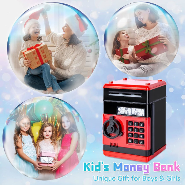 Elektronisk sparegris til børn, sikker sparegris med gavekode Barn 3-12 år dreng pige pengeskab penge pengeautomat penge sparegris til børn rød