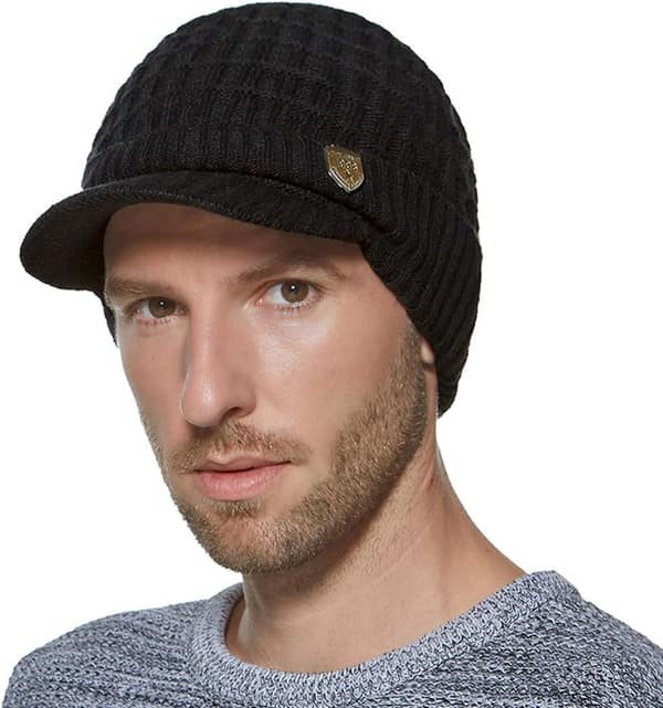 Varm stickad mössa med topp för män, fleecefodrad 1