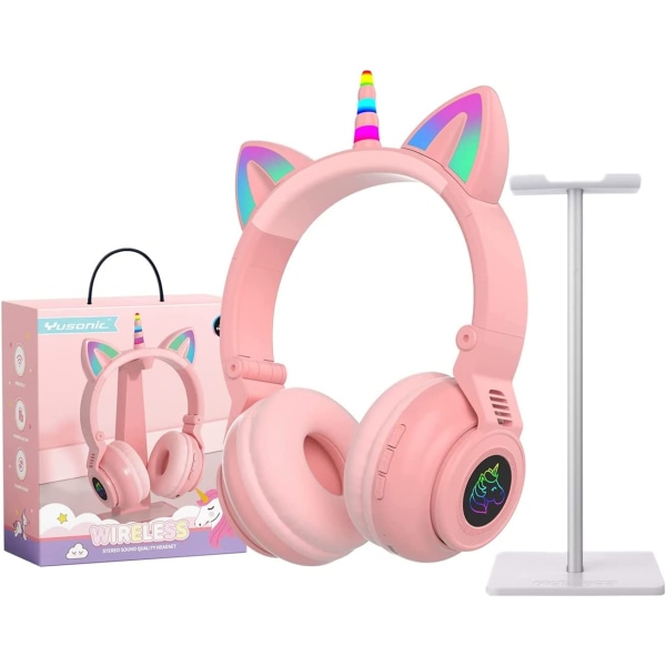 Trådlösa Bluetooth hörlurar, Barnhörlurar, Vikbara Unicorn Bluetooth hörlurar (rosa)