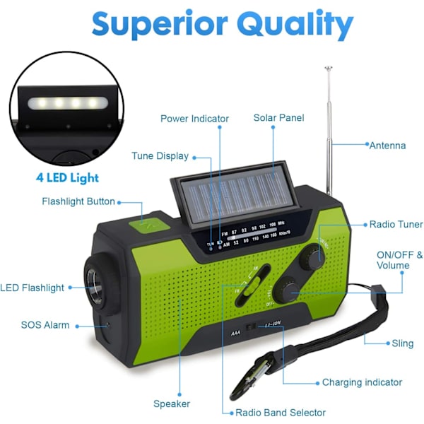 Håndsvinget Nødradio, Solcelledrevet Bærbar Multifunktions Udendørs Radio med 2000mAh Strøm/LED Lommelygte/SOS Alarm (Grøn)