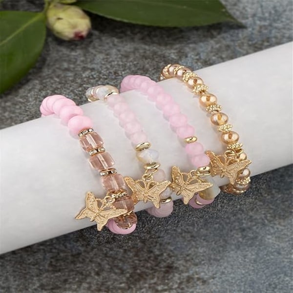 4 stk. Bohemian Butterfly Krystal Steng Armbånd til Kvinder Guld Perle Stabelbar Stræk Armbånd Farverig Charm