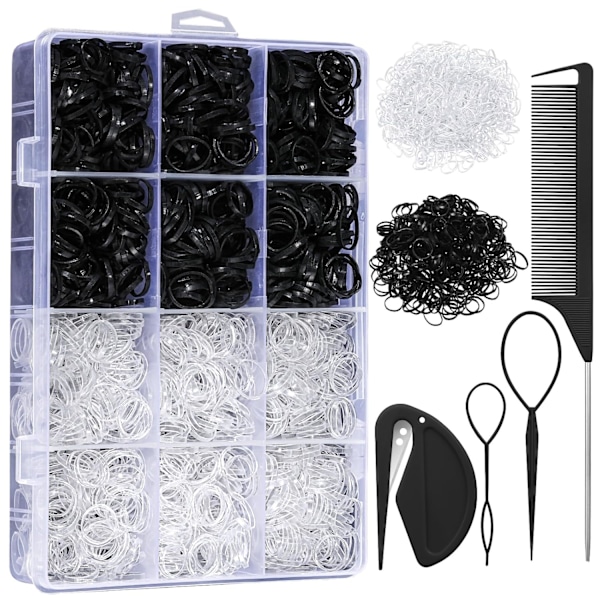 2200 Pcs Hair Bands and Styling Tool Set - Clear Mini Bands, Black Elastic Ties, Rubber Band Cutter, Organizer Box, Hair Loop Styling Tools