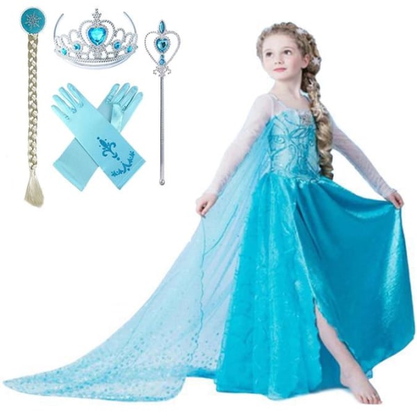 Elsa prinsessekjole +4 ekstra tilbehør 130 cm one size