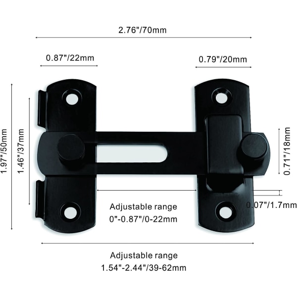 Pack of 2(Black)，Stainless Steel Flip Latch Lock, Barn Door Latch Matte Black, 2.76' x 1.97' Solid Afety Gate Latches