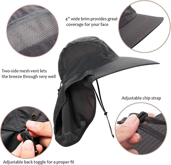 Unisex solhatt, justerbart stort visir med nackskydd för utomhusaktiviteter 55-60 cm mörkgrå