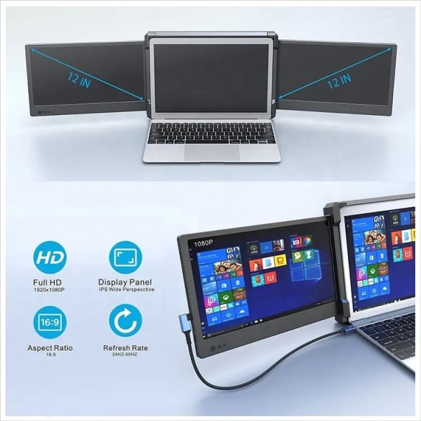Triple Screen Laptop-skärm, 12-tums bärbar bärbar datorskärm 1080P Plug and Play Laptop Screen Extender