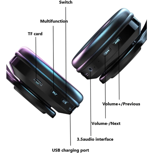 Trådløse Bluetooth-hovedtelefoner - farverige lys/foldbare/stor batterikapacitet (sort 1)