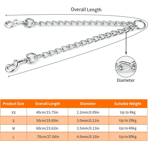 Dobbelt Hundeline (M-3.5mm*60cm) Dobbelt Hundestål Kæde 2 Vejs Krom Kæde Krom Metal 2 Hunde Træning Sikkerhed Line