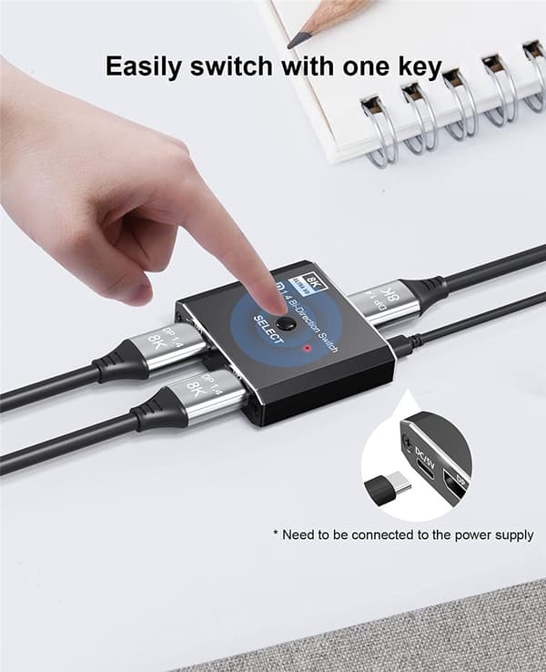 DP-switch version 1.4 8K@60Hz 1-til-2, 2-til-1, tovejs skifte- og distributionskonverter