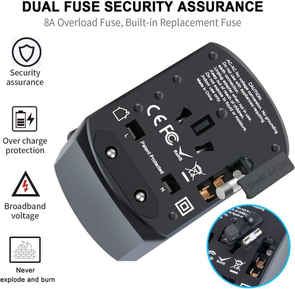Universal reiseadapter, internasjonal pluggomformer med 4 USB-porter og USB-C, alt-i-ett