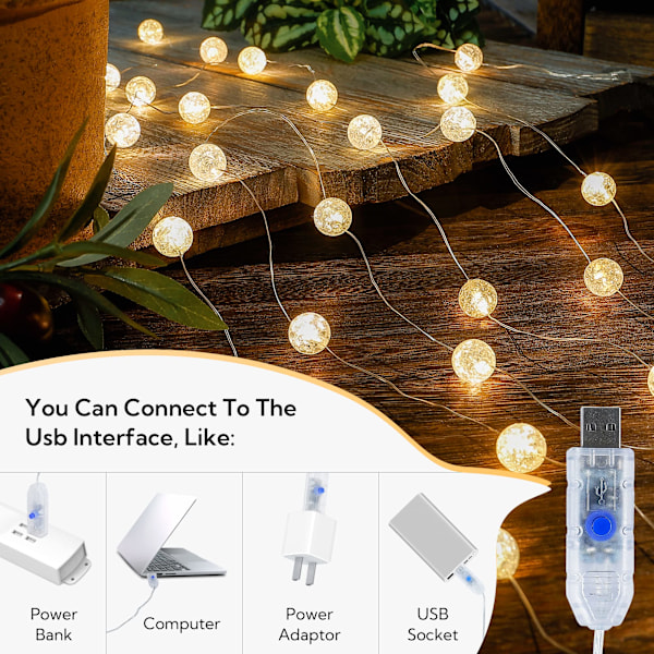 Pallovalosarja, 3 metriä 30 LED-koristejouluvaloa, 8 tilaa Kristalli Crack Ball -valot, USB, sisä- ja ulkokäyttöön, juhliin, lämpimän valkoinen