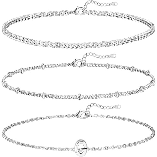 3 stk. Hvidguld Initial Armbånd til Kvinder Fint 14K Guld Armbånd Stak Brev Lænke Charm A-Z Monogram Armbånd Anti-Misfarvning Smykker