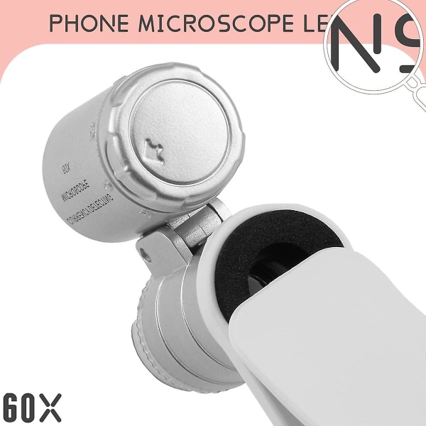 60x clip-on mikroskop forstørrelsesglas linse med led lys Juveler lup til Iphone, Samsung og flere mobiltelefoner (universal)