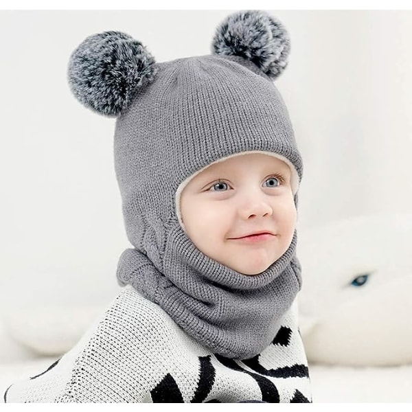 Hörselkåpor för baby och flickor huvudduk halsduk halsduk för toddler mössa och hals allt-i-ett plus sammets tjocka hörselskydd cap baby varm stickad cap (grå)