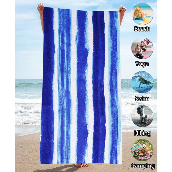 Kvalitets strandhandduk 160x80 cm, blårandig mikrofiber antisand man kvinna vuxen strandhandduk, badhandduk för pool, strandfilt för simsport, Super A