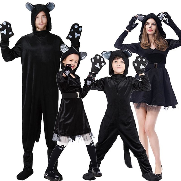 Familie Kattekostume Sort Sød Kat Cosplay Til Børn Halloween Kostume Kat Fancy Kvinder Kjole Dyr Jumpsuit Mænd Drenge Girl M