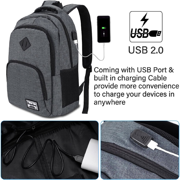 Computerrygsæk Vandtæt forretningsrygsæk med USB-opladning til college/fritid/forretning/skole (mørkegrå)
