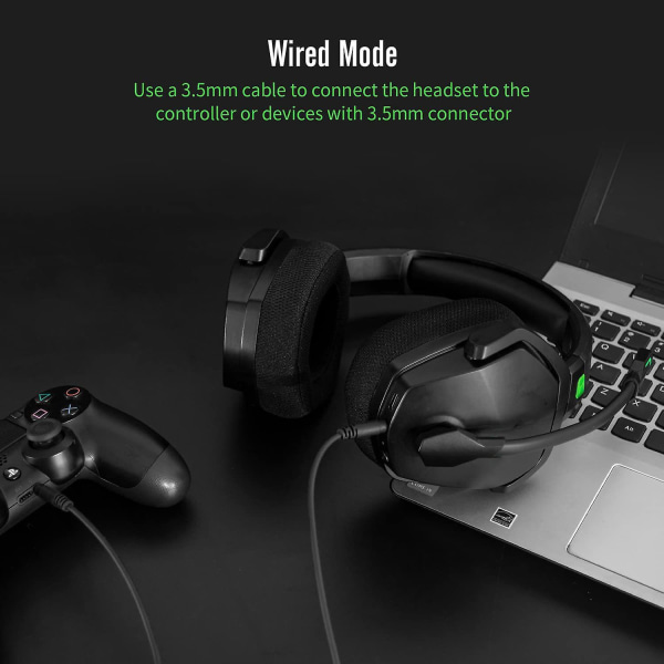Trådlöst spelheadset med mikrofon för PS5, PS4, PC, Mac, 3-i-1 Gamer-hörlurar Wit Mic, 2,4 GHz trådlöst för Playstation Console, Bluetooth Mod
