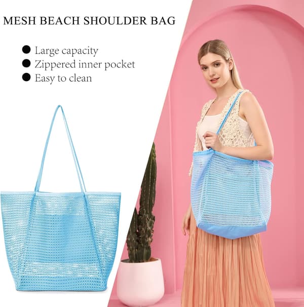 Mesh Strandtasker til Kvinder, Store Afslappede Strand Hobo Tasker til Strand Svømmebassiner Strand Essentials Blå Blå-14519