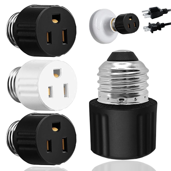 3 Packs 3 Prong Light Socket to Plug Adapter,E26/E27 Light Socket Outlet,Polarized Light Socket Adapter2 Black 1 White