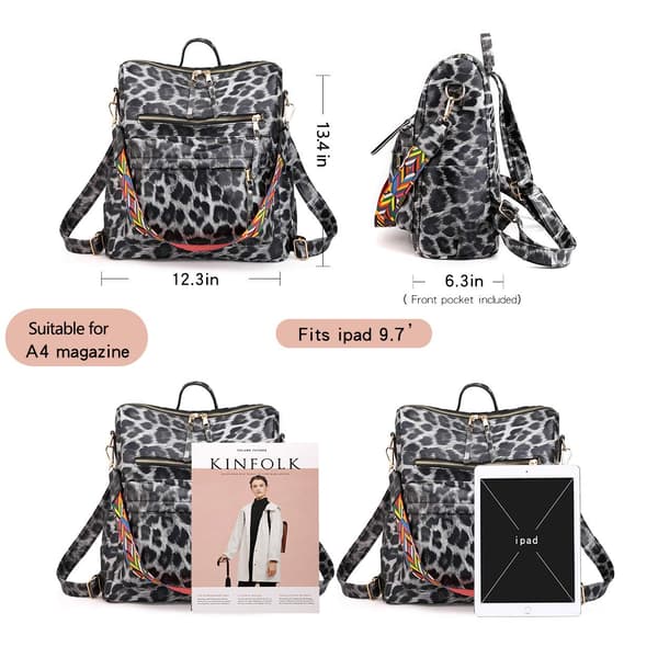 Dame Mode Rygsæk Tasker Multipurpose Design Håndtasker og Skuldertaske PU Læder Rejsetaske Leopard grå C